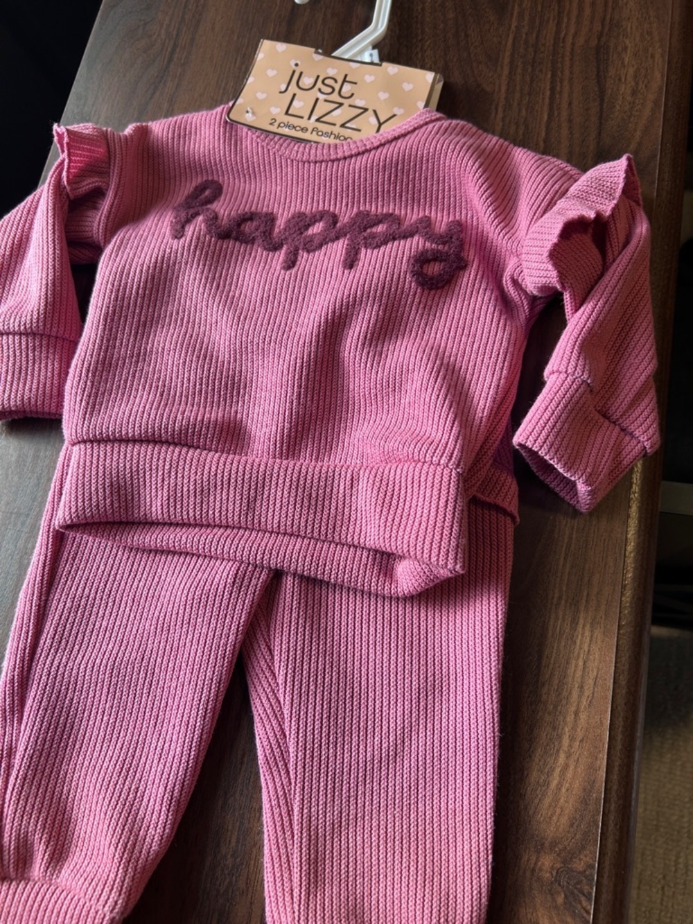 Kids Pink 'Happy' Ribbed Matching Set by​ - Picture 2 of 11